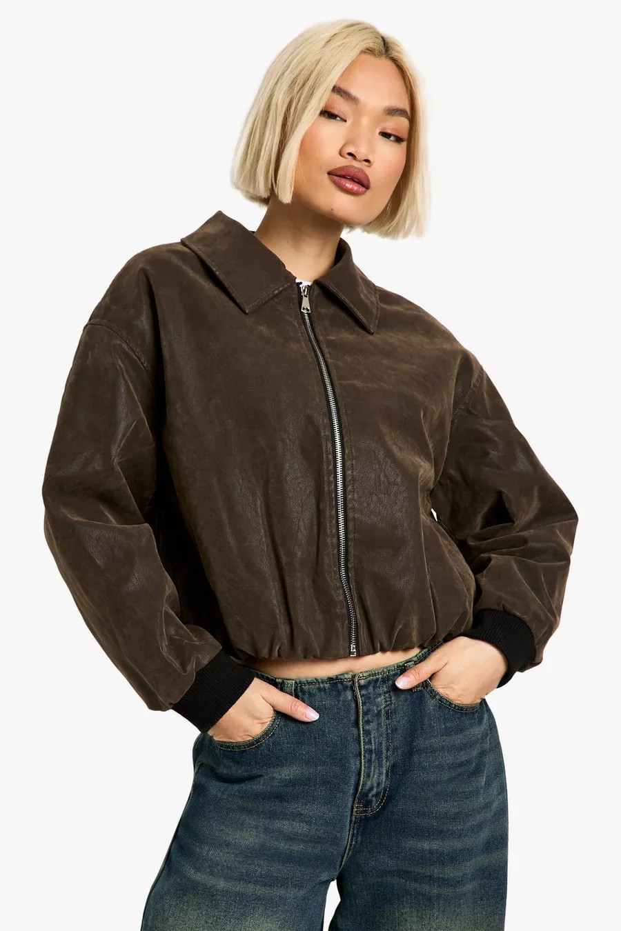 Vintage Look Faux Leather Bomber Jacket | boohoo (US & Canada)
