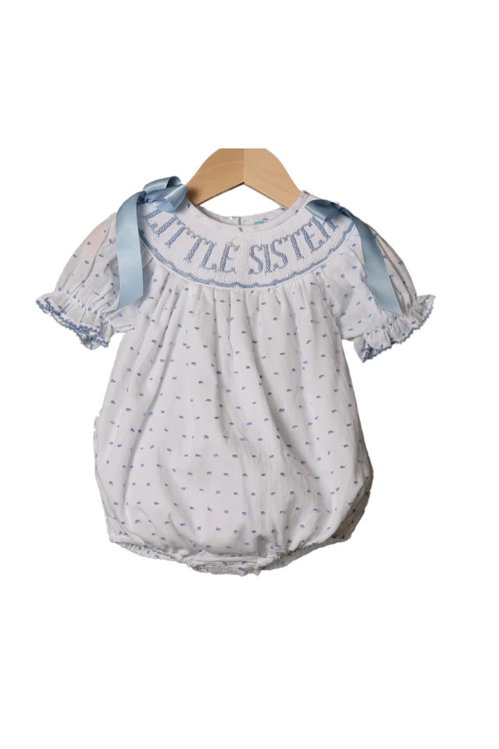 Smocked Little Sister Blue Swiss Dot Bubble | The Smocked Flamingo