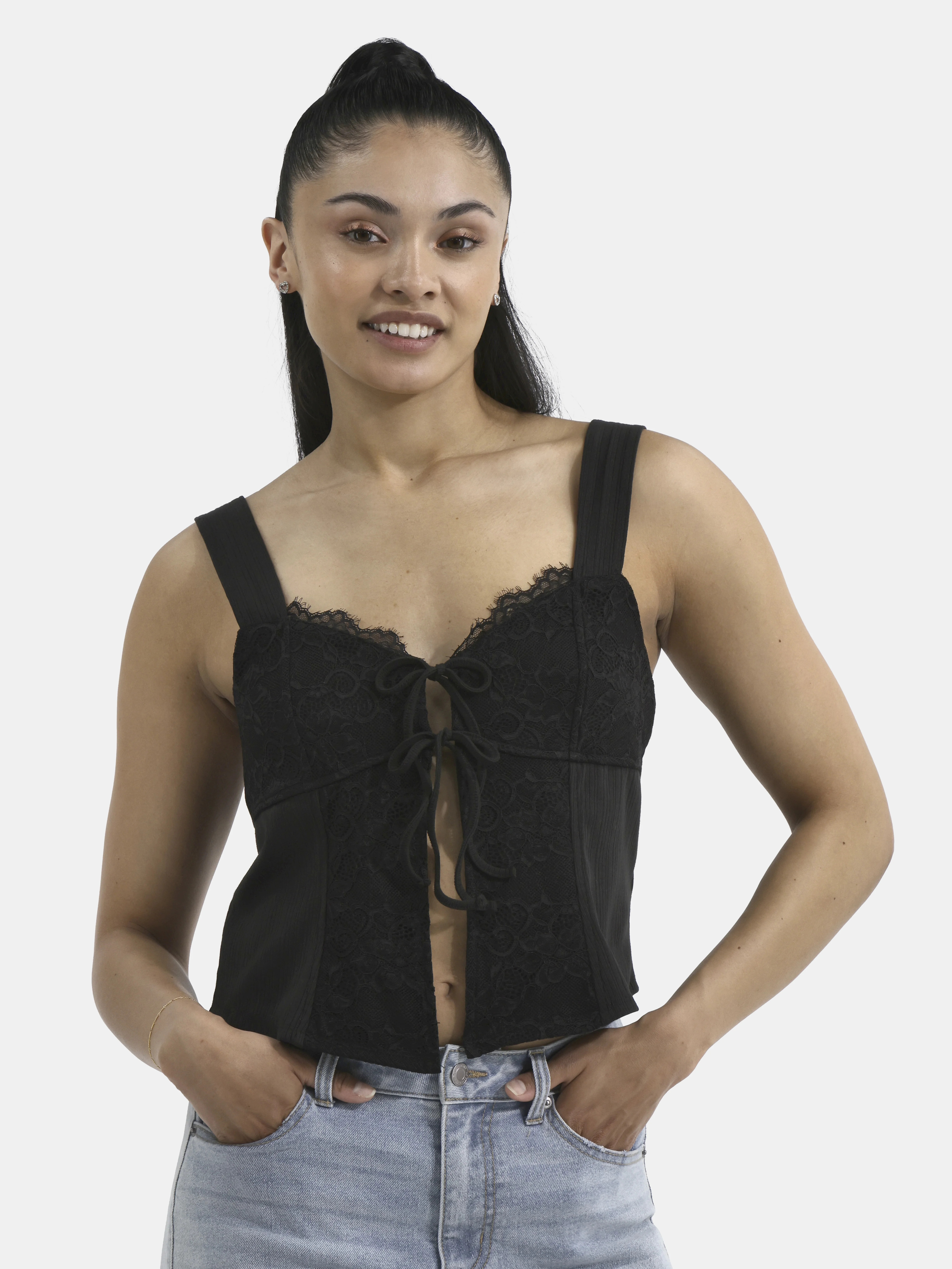 No Boundaries Flyaway Tie-Front Top with Scallop Lace Trim, Women's | Walmart (US)