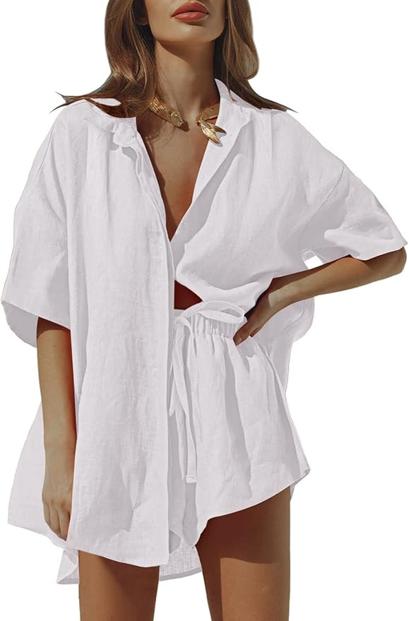 Falvurt Women's 2 Piece Outfits Casual Botton Down Shirt and Shorts Lounge Set Sweatsuit | Amazon (US)