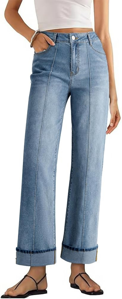 Sidefeel Women's Wide Leg Cuffed Jeans High Waisted Baggy Stretchy Denim Pants with Pockets | Amazon (US)