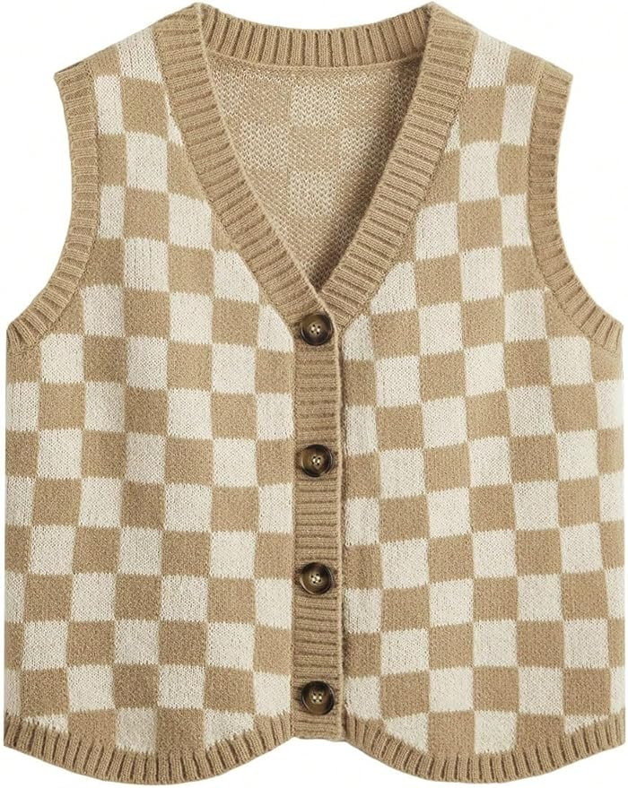 Verdusa Women's Button Front V Neck Sleeveless Checkered Knit Sweater Vest | Amazon (US)