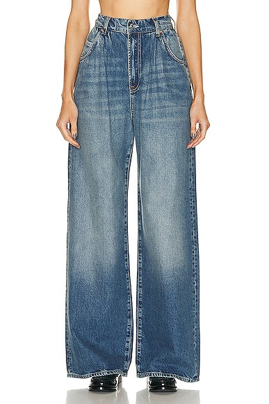 GRLFRND Chloe Super High Rise Pleated Wide Leg in Denim-Medium | FWRD 