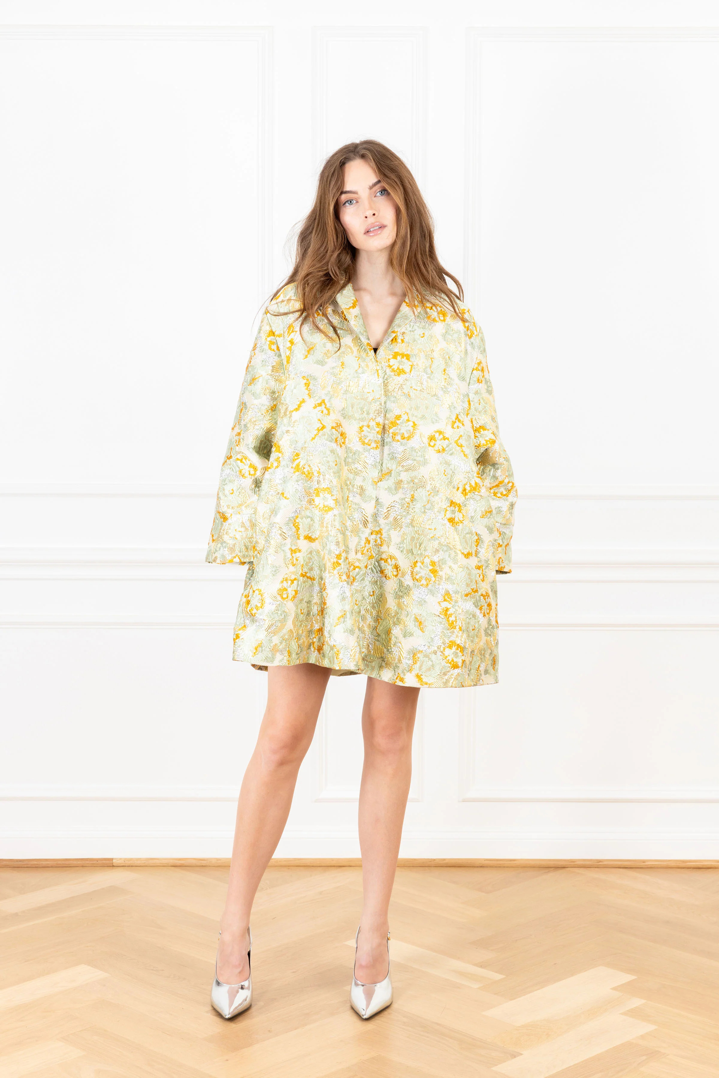 Frosty Green Lurex Mini Dress Coat | La Vie Style House