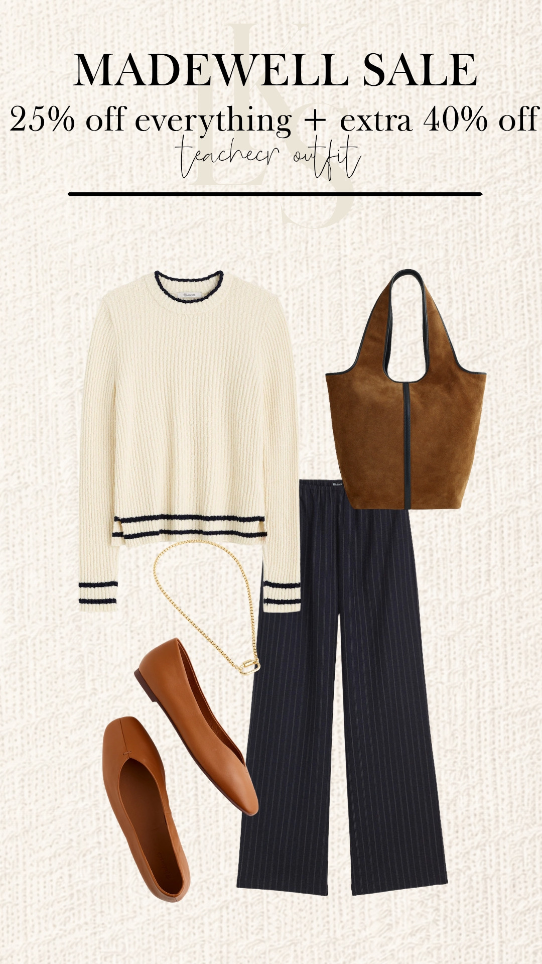 This polished teacher outfit pairs cozy stripes, tailored pinstripe pants, and warm brown accessories for an elevated everyday workwear look. 

Madewell is 25% off everything, plus an extra 40% off, so shop the full look while the sale is on! 

 #LTKootd #LTKSaleAlert #LTKWorkwear