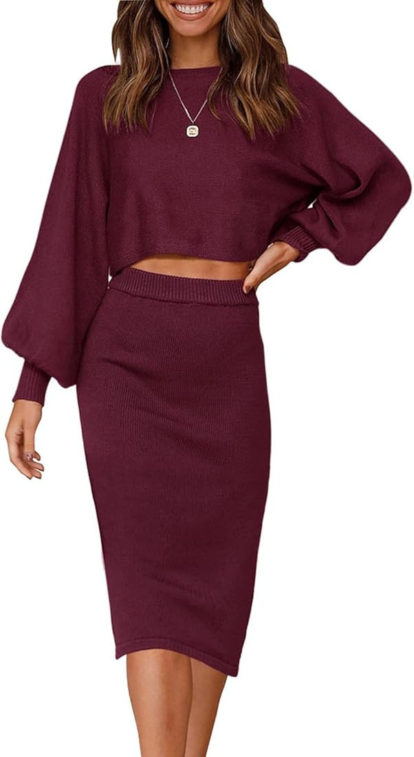 ZOWODO Women's Casual Two Piece Solid Color Ribbed Knit Long Sleeve Tops and Bodycon Midi Skirt S... | Amazon (US)