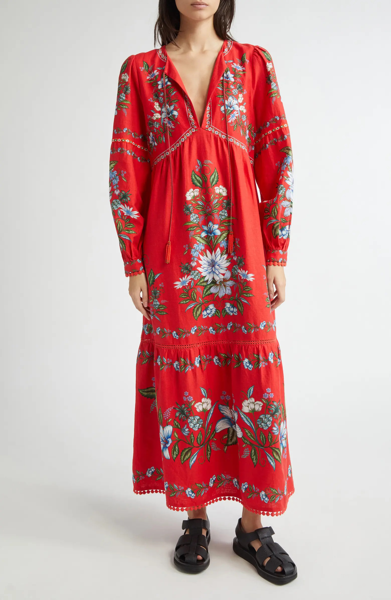 FARM Rio Sweet Bloom Long Sleeve Linen Blend Tiered Maxi Dress | Nordstrom | Nordstrom