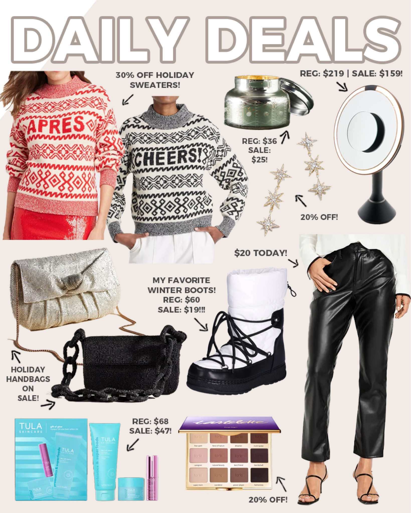 Daily deals! Holiday style, holiday gift ideas, beauty gift sets and more all on sale!

#dailydeals

Apres fair isle sweater. Cozy fair isle sweater. Beauty gift set. Faux leather pants. Tula gift set. Tarte eye shadow palette palette. Capri volcano candle sale. Holiday earrings. Holiday handbag. Walmart deals. Walmart snow boots  

#LTKSeasonal #LTKsalealert #LTKHoliday