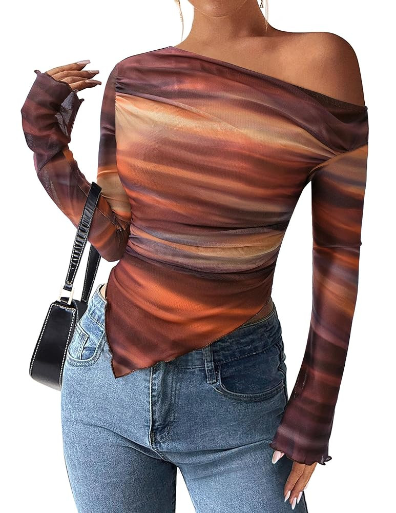 PRETTYGARDEN Womens Fall Trendy Off Shoulder Y2k Tops 2025 Tie Dye Mesh Long Sleeve Shirts Asymme... | Amazon (US)