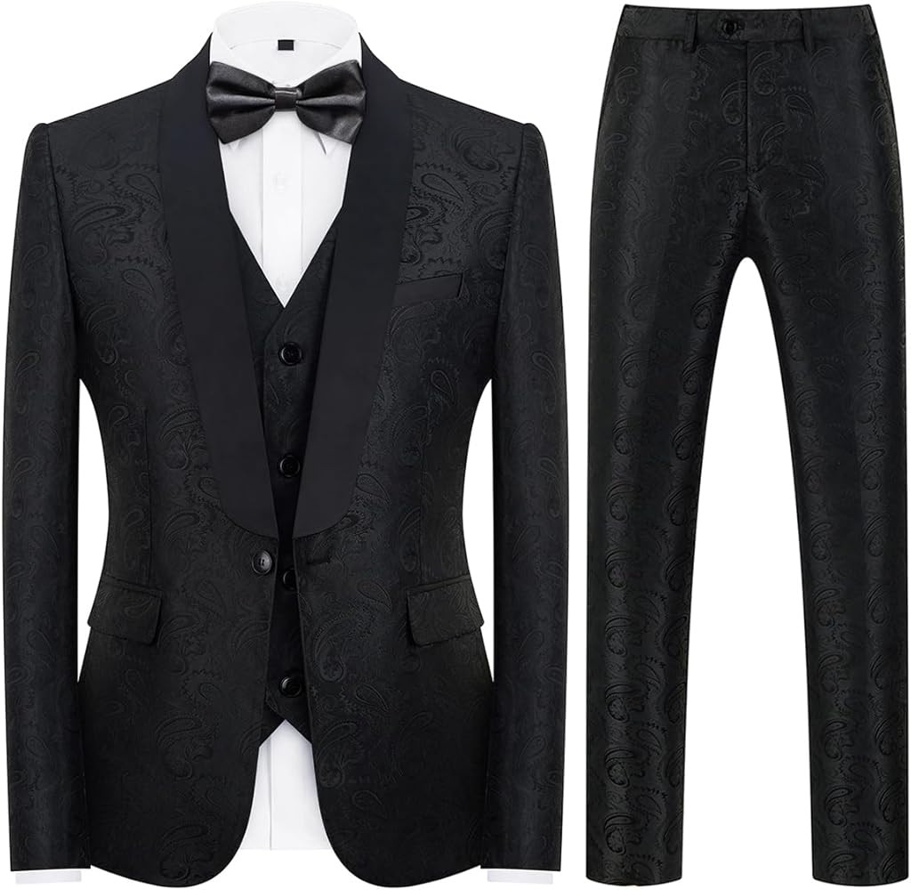 Mens Suits 3 Piece Slim Fit Tuxedo for Men Paisley Suit Prom Tux Shawl Lapel One Button Blazer Ve... | Amazon (US)
