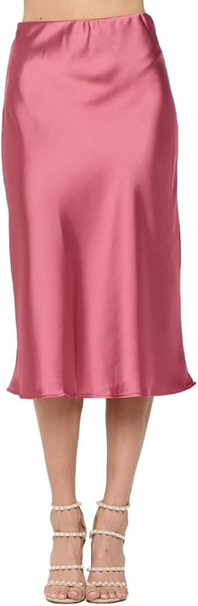 Women Solid High Waist Silky Casual Elastic Satin Midi Skirt - Made in USA | Amazon (US)