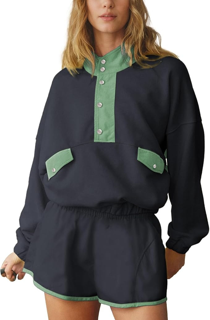 Workout Sets for Women Long Sleeve Half Button Pullover Elastic Waist Shorts Slouchy 2 Piece Set ... | Amazon (US)