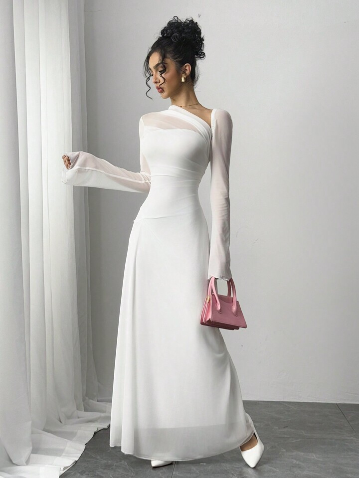 Siren Gaze Women's Solid Color Mesh Patchwork Asymmetrical Collar Long Sleeve Elegant Dress For Wedding,Tea Party Dress,White Graduation Dress | SHEIN