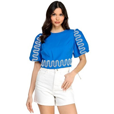 Slickblue Women's Puff Bubble Sleeve Top with Embroidery Detail, Cotton Blouse for Casual or Office Wear, Blue, S | Target