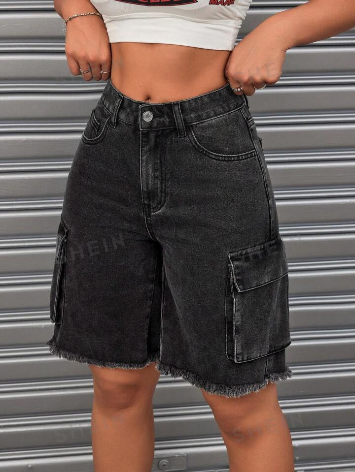 SHEIN ICON Frayed Edge Washed Denim Shorts | SHEIN