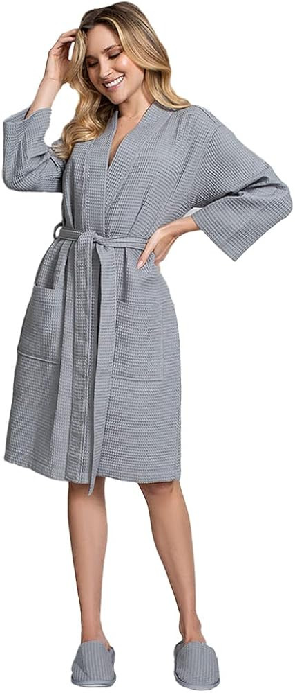 Lotus Linen Women's Lightweight Waffle Kimono Knee Length Robes - Cotton Spa Bathrobes - Personal... | Amazon (US)