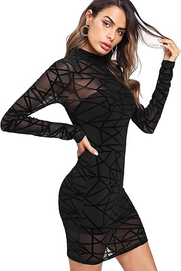 Romwe Women's See Through Mesh Long Sleeve Stretch Bodycon Dress Without Camisole | Amazon (US)