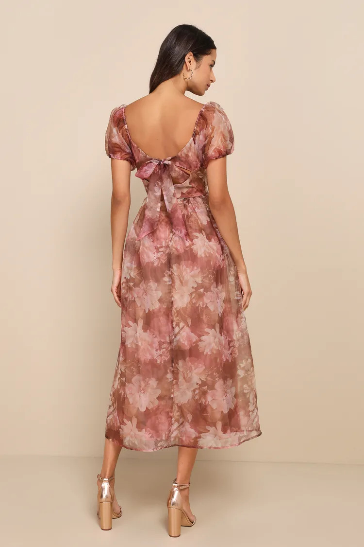 Lovely Statement Light Brown Floral Organza Tie-Back Midi Dress | Lulus