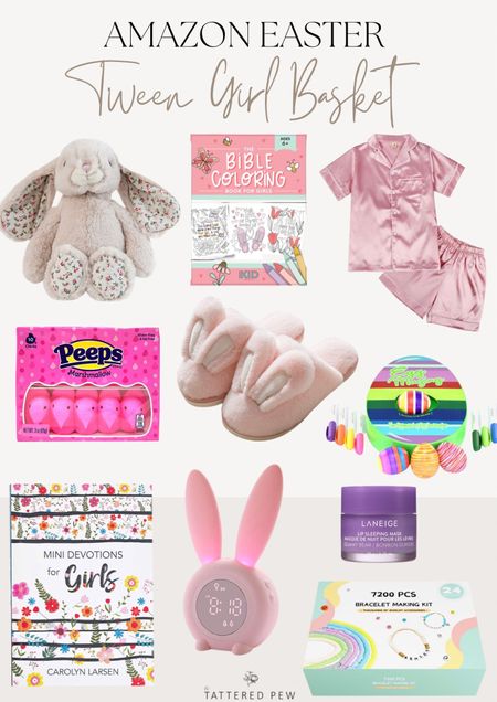 Check out this precious tween/young girl Easter basket! 

Peeps, tween girl Easter basket, Easter basket for young girl, young girl pajama set, bunny alarm clock, overnight lip mask, bracelet making kit, devotionals for girls, stuffed bunny, bunny slippers, egg-making kit, Bible journaling booklet   

#LTKfamily #LTKGiftGuide #LTKkids
