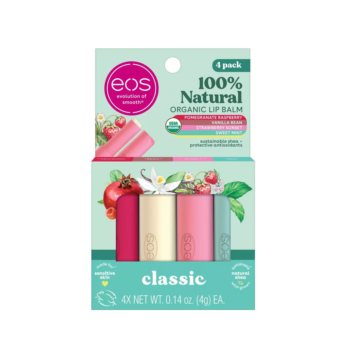 eos Natural & Organic Lip Balm Stick - Vanilla/Sweet Mint/Pomegranate Raspberry/Strawberry Sorbet... | Target
