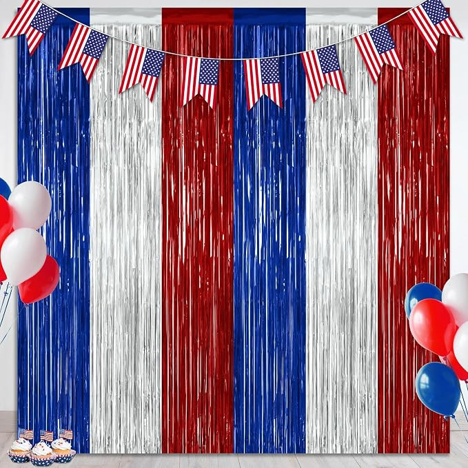 2 Pack 4th of July Decorations, 3.28 FT x 7.05 FT 250 Anniversary Tinsel Backdrop, Red Silver Blu... | Amazon (US)