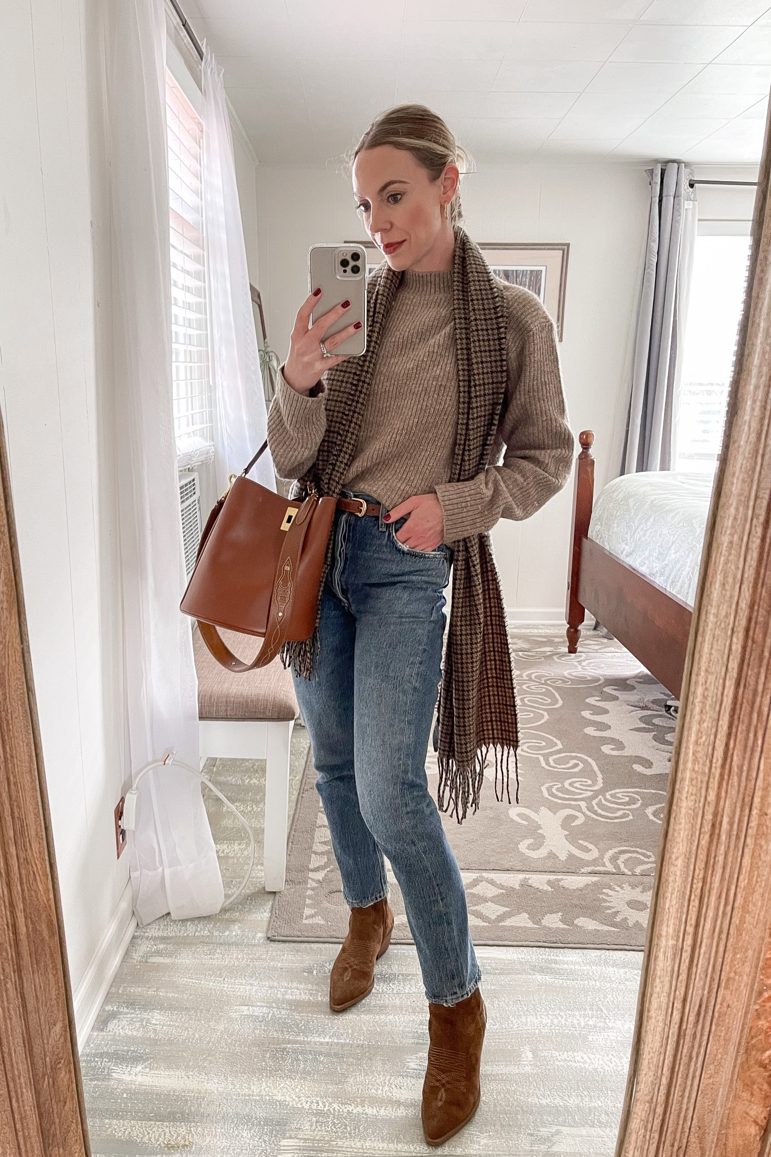 Fall outfit, plaid scarf, western boots, Celine bucket bag, pumpkin patch outfit 

#LTKSeasonal #LTKitbag #LTKshoecrush