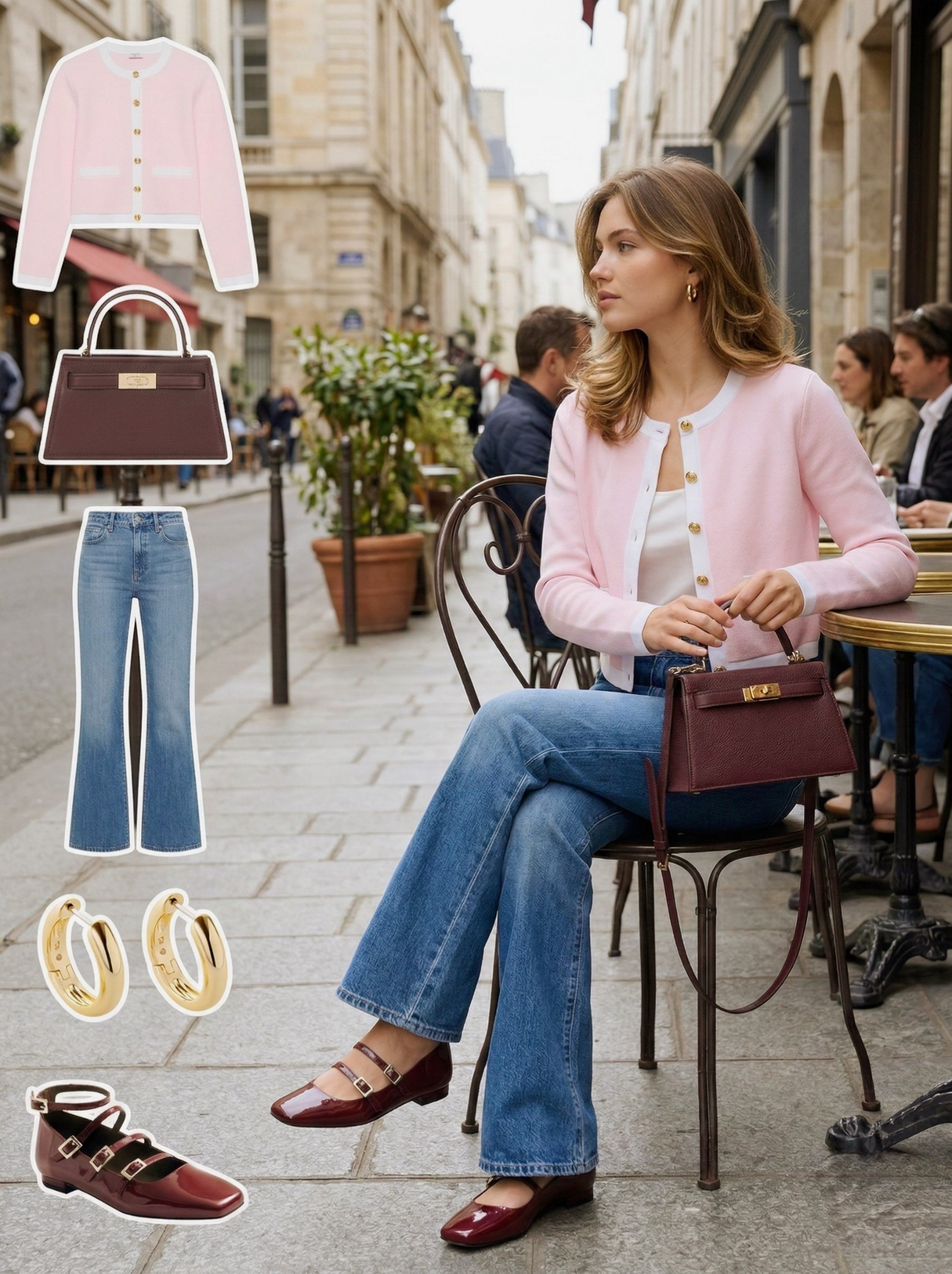 ✨ Blush & Bordeaux Parisian Classic ✨

A feminine city look pairing soft blush tones with rich bordeaux accents for a refined yet modern contrast. The cropped pink cardigan adds a polished, ladylike layer over a clean white base, creating lightness through the upper silhouette.

Flared blue jeans introduce relaxed structure and balance, while glossy burgundy Mary Jane flats echo the deep tone of the structured top handle bag for a cohesive finish. Gold hoops bring warmth and subtle shine that elevates the entire palette.

🤍 Style Notes:
• Cropped blush cardigan for a polished feminine layer  
• White fitted top for a clean foundation  
• Flared blue jeans for a balanced silhouette  
• Burgundy Mary Jane flats for vintage inspired charm  
• Structured bordeaux top handle bag for rich contrast  
• Gold hoop earrings for timeless glow  

Everything linked and ready to shop ✨

#LTKootd #LTKSeasonal #LTKChic

#LTKgrwm #LTKootd #LTKWorkwear

#LTKeurope #LTKstyletip #LTKSeasonal