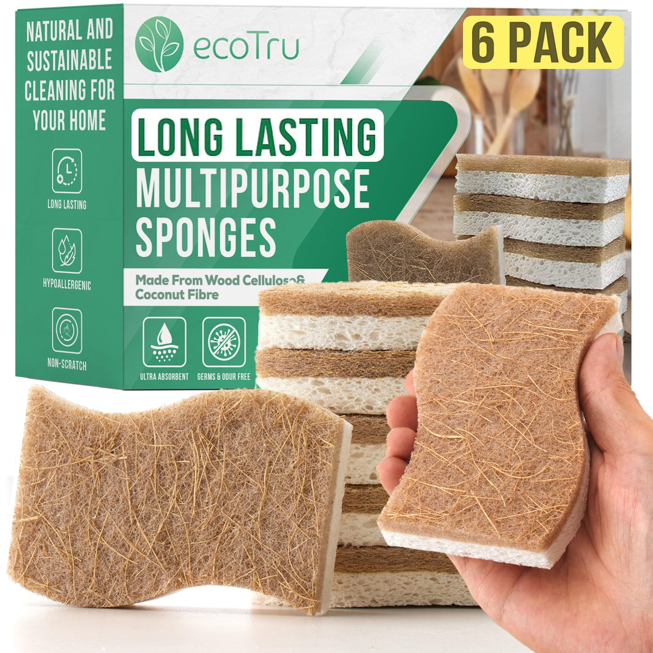 6 Pack Natural Washing Up Sponge, UK Brand Eco Friendly Kitchen Dish Cleaning Sponges, Compostabl... | Amazon (UK)