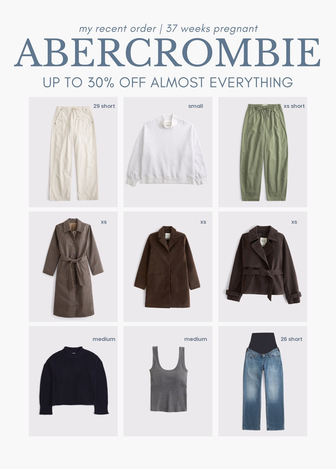 [8/24/26] final chance to shop @abercrombie up to 30% off everything | recent order at 37 weeks pregnant. Sizing included! 

*Offer valid online only August 20, 2026 to August 24, 2026 in US/CA. Exclusions apply as indicated. Online price reflects discount.

#LTKSeasonal #LTKBump #LTKSaleAlert