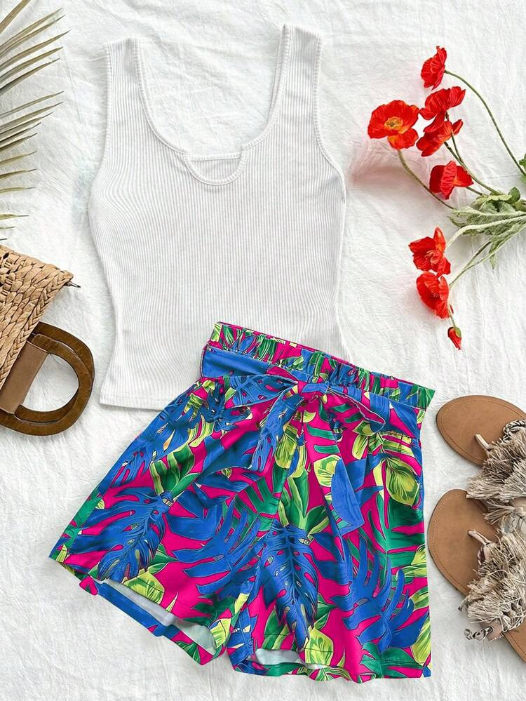 Soleia Women's Printed Vest And Shorts 2 Pieces Set, Summer Holiday | SHEIN