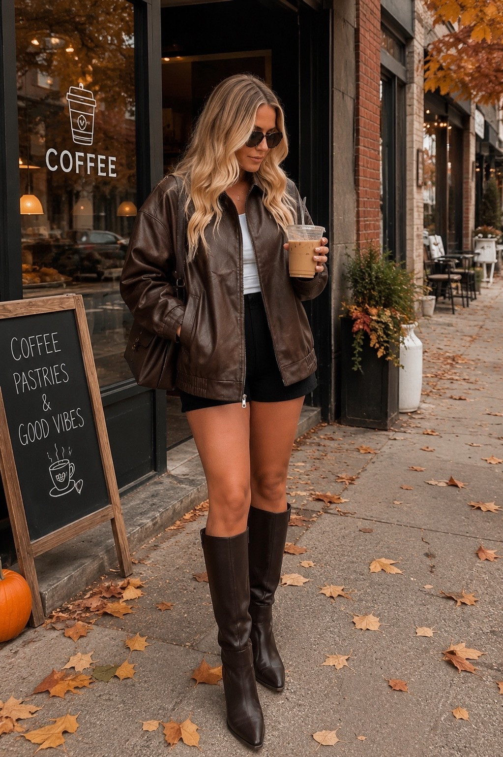 Fall Coffee Run Outfit | Brown Leather Jacket & Knee High Boots Amazon Inspo Cozy up in one of fall’s most timeless looks with a rich brown leather jacket layered over a classic white tank, black shorts, and chic knee-high boots. Finished with an iced coffee and effortless accessories, this casual Amazon-inspired outfit is perfect for coffee runs, weekend errands, pumpkin patches, fall travel, shopping days, and everyday street style. If you love elevated basics and cozy neutral fashion, save this outfit for your autumn wardrobe inspiration! #FallOutfit #AmazonFashion #AmazonFinds #LeatherJacket #BrownLeatherJacket #FallStyle #KneeHighBoots #CoffeeRun #CasualChic #AutumnFashion #NeutralStyle #StreetStyle #WeekendOutfit #EverydayStyle #CozySeason #FallWardrobe #FashionInspo #OutfitIdeas #Over40Fashion #FashionOver40 #PinterestFashion #MinimalStyle #CapsuleWardrobe #FallAesthetic #CoffeeDateOutfit