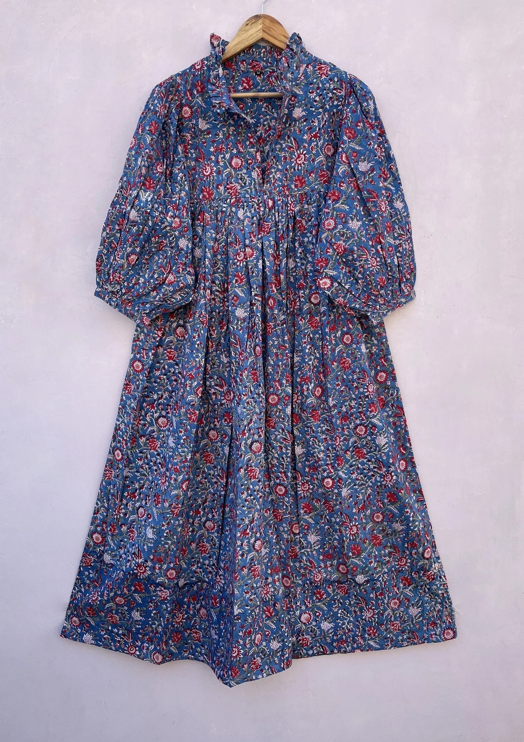 Sparkling Floral Hand Block Printed Cotton Maxi Dress / Collared Neckline Summer Maxi Dress / 3/4... | Etsy (US)