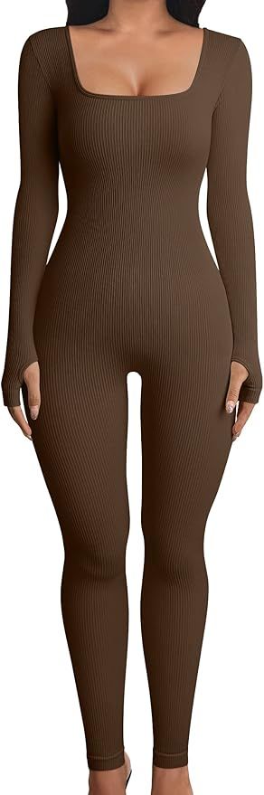 OQQ Women Yoga Jumpsuits Workout Ribbed Long Sleeve Sport Jumpsuits | Amazon (US)