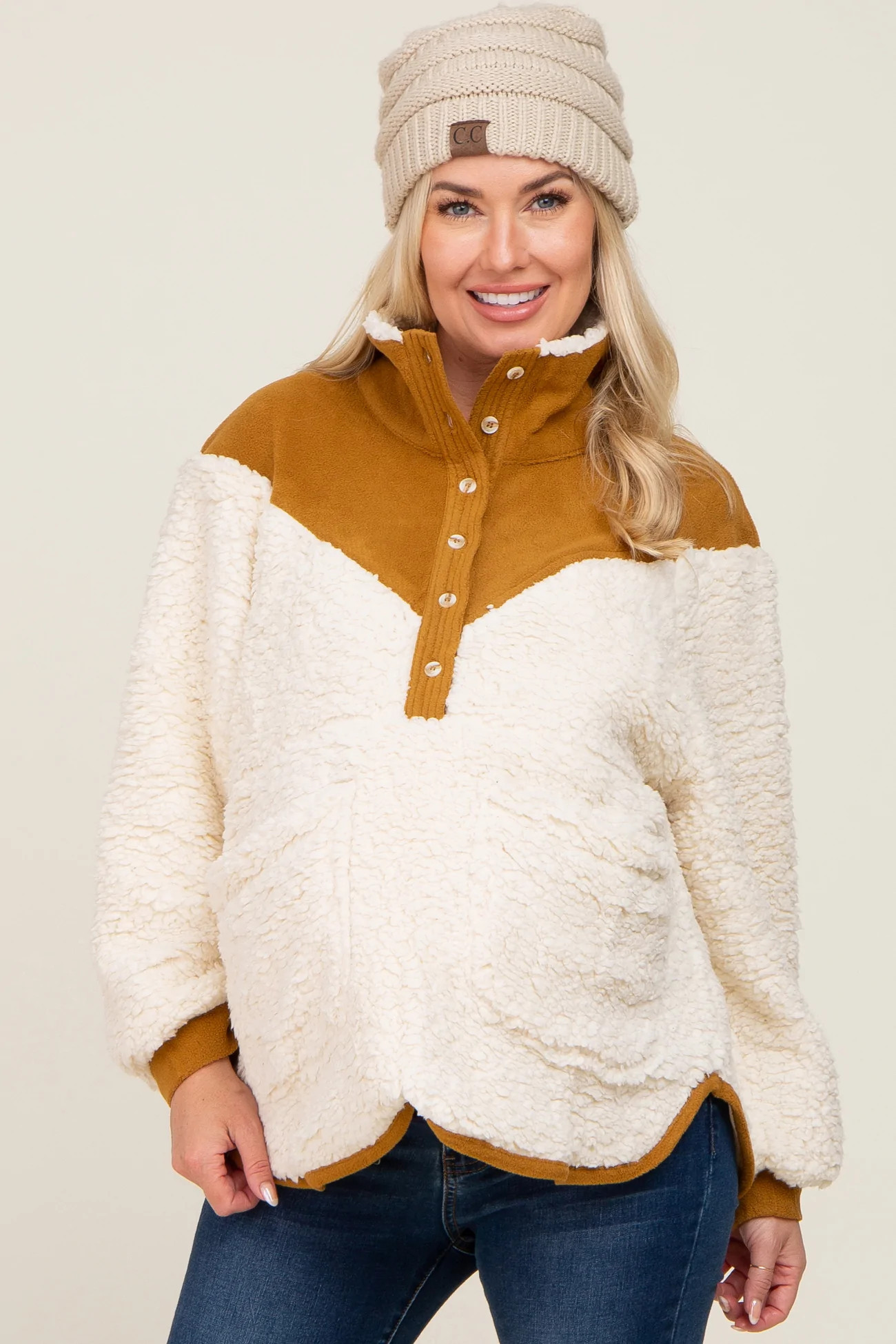 Cream Fleece Sherpa Contrast Maternity Pullover | PinkBlush Maternity