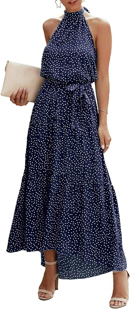PRETTYGARDEN Women’s Casual Halter Neck Sleeveless Floral Long Maxi Dress Backless Loose Ruffle... | Amazon (US)