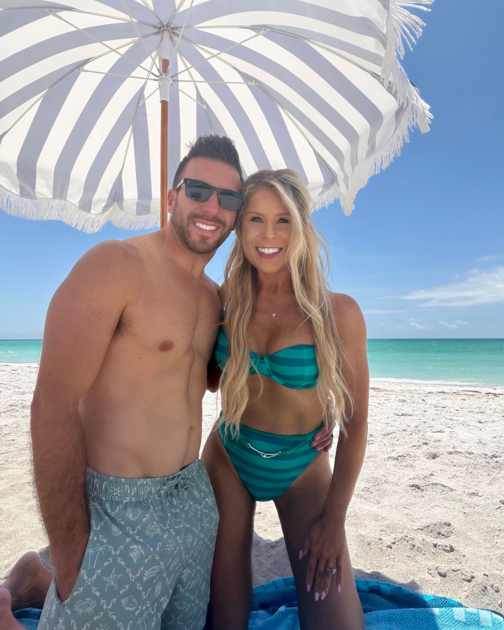 Green + Blue Striped Underwire Bikini Top + Matching Highwaisted Bikini Bottoms styled as a beach outfit, summer outfit, pool outfit, boat outfit, resort outfit, or vacation outfit . The underwire bikini top or highcut bikini bottoms can be mixed + matched with other styles that come in the same pattern. There’s also a matching swim coverup. My husband is wearing a size small in the 5 in swim trunks. 

#LTKSaleAlert #LTKSwim #LTKTravel