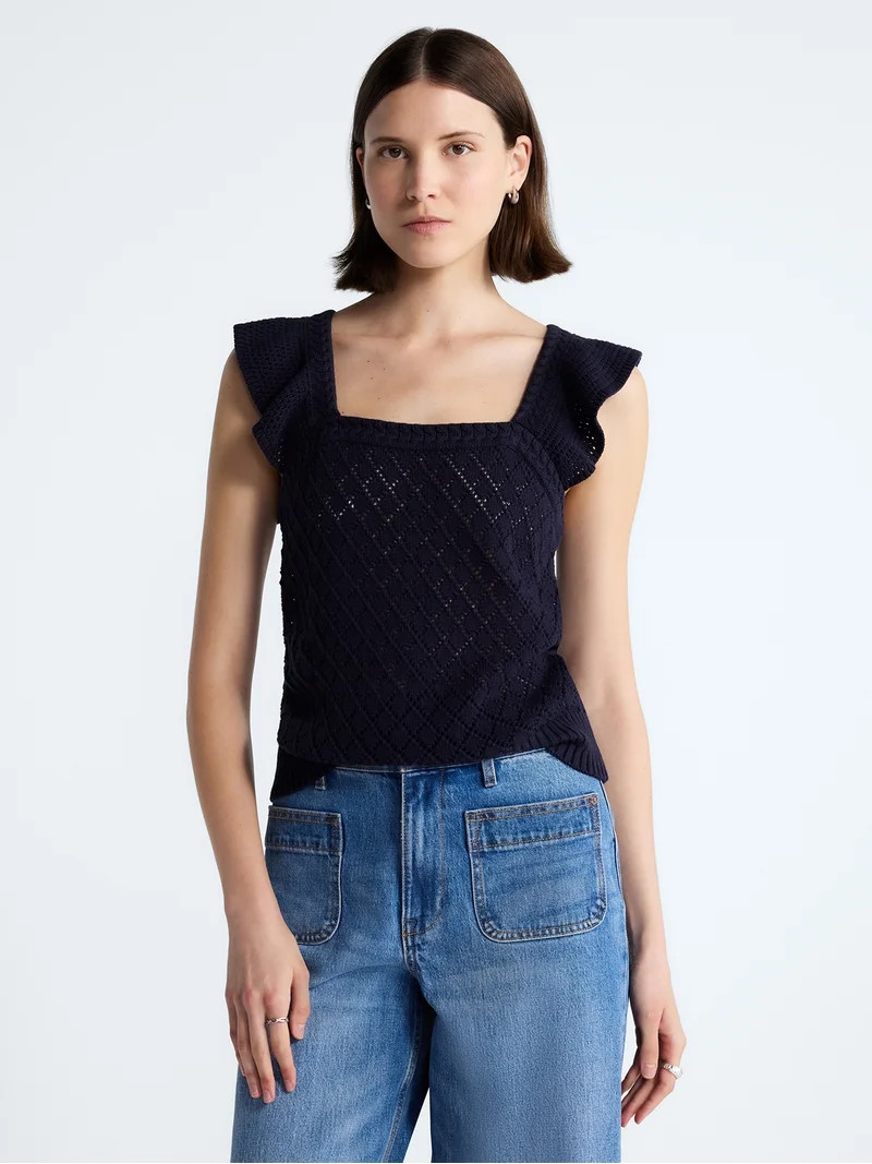 Free Assembly Women's and Women's Plus Square Neck Cotton Sweater with Flutter Sleeves, Sizes XS-... | Walmart (US)
