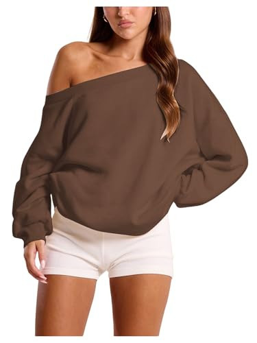 RoseSeek Women's Off The Shoulder Sweatshirt Long Sleeve Drop Shoulder Oversized Pullover Tops Fall Outfits Brown Small | Amazon (US)