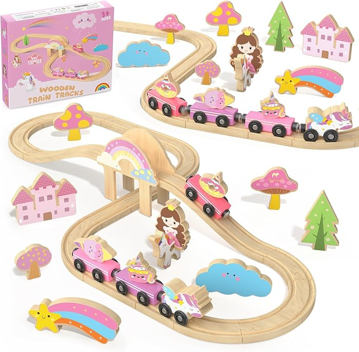 Unicorn Wooden Train Set for Toddler Girls Ages 2-4 Magical Fairy 38 Pcs Toddler Girl Toys with R... | Amazon (US)