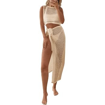 Fisoew Womens Crochet Swim Cover Ups 2 Piece Sleeveless Crop Tops Beach Wrap Skirt Hollow Out Boh... | Amazon (US)