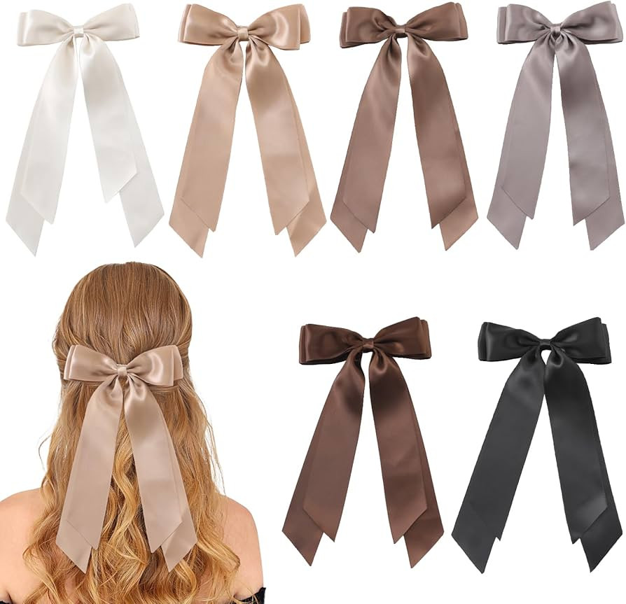 6 Silky Satin Hair Bows with Slide Metal Clips and Long Tails - Hair Barrettes for Women and Girl... | Amazon (US)