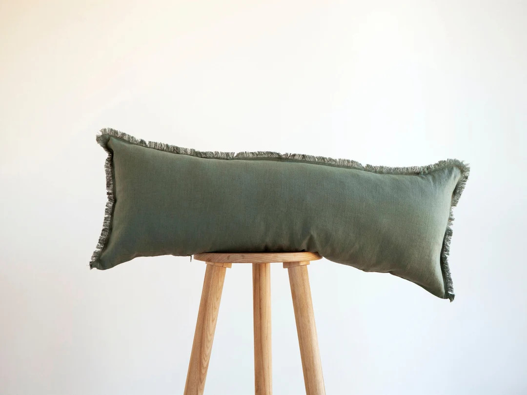 Long Green Lumbar Pillow, Sage Green Lumbar Throw Pillow, Raw Edge Long Lumbar May in Custom Size... | Etsy (US)