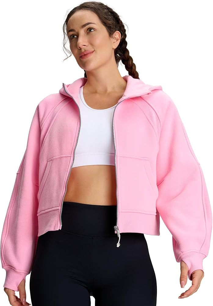 QUEENIEKE Cropped Zip Up Hoodies For Women, Fleece Full Zip Sweatshirts For Women Loose Fit Hoodi... | Amazon (US)