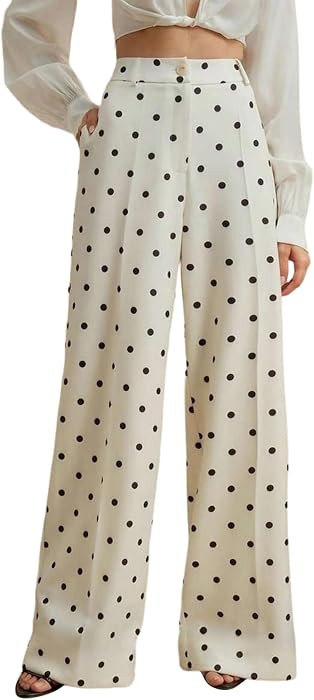 Women's Polka Dot Wide Leg Dress Pants High Waisted Straight Leg Pleated Slacks Casual Bussiness ... | Amazon (US)