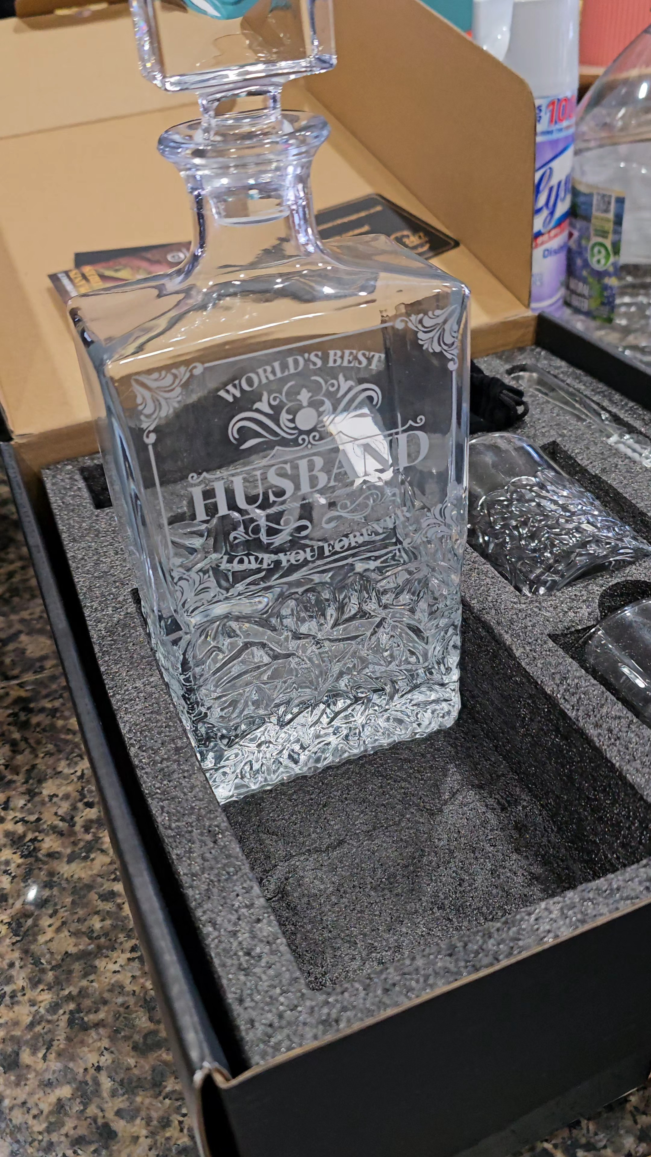 Bought Husband this beautiful whiskey decanter set for less than $30!! This set is even more stunning in person!

