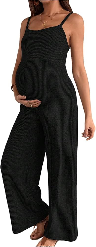 MakeMeChic Women's Maternity Cami Jumpsuit Spaghetti Strap Wide Leg Pregnancy Rompers | Amazon (US)