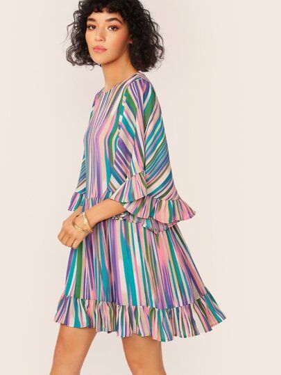 SHEIN Exaggerate Bell Sleeve Striped Dress | SHEIN