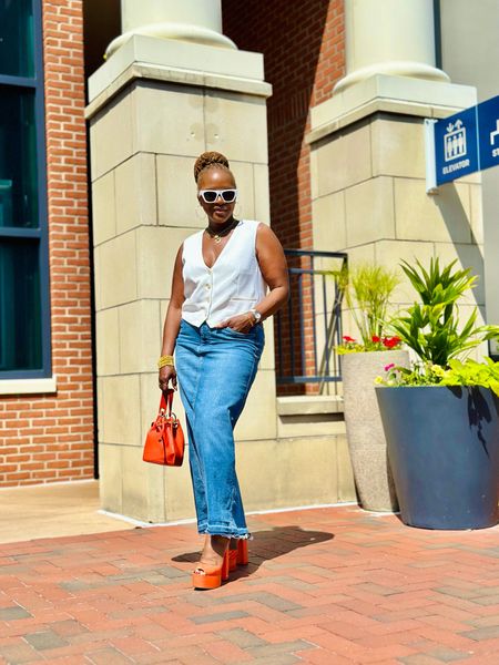 A denim maxi styled with white suit vest and orange platforms for a look you can wear anywhere this summer 

#LTKstyletip #LTKshoecrush #LTKfit