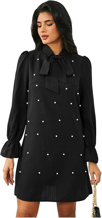 WDIRARA Women's Pearl Decor Flare Long Sleeve Mini Dress Bow Tie Front Dress | Amazon (US)