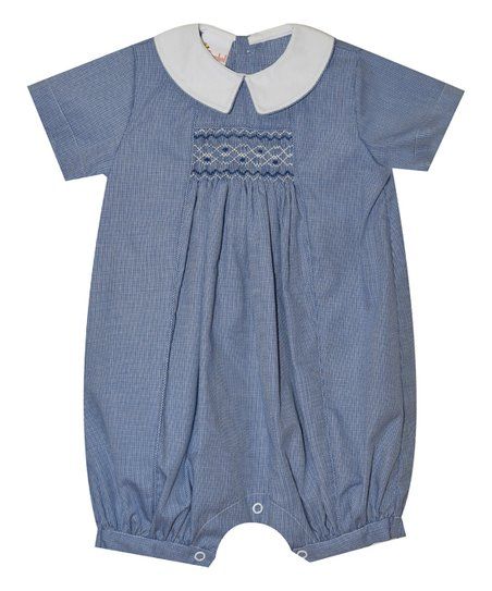 Navy & White Gingham Embroidered Short-Sleeve Bubble Romper - Infant | Zulily
